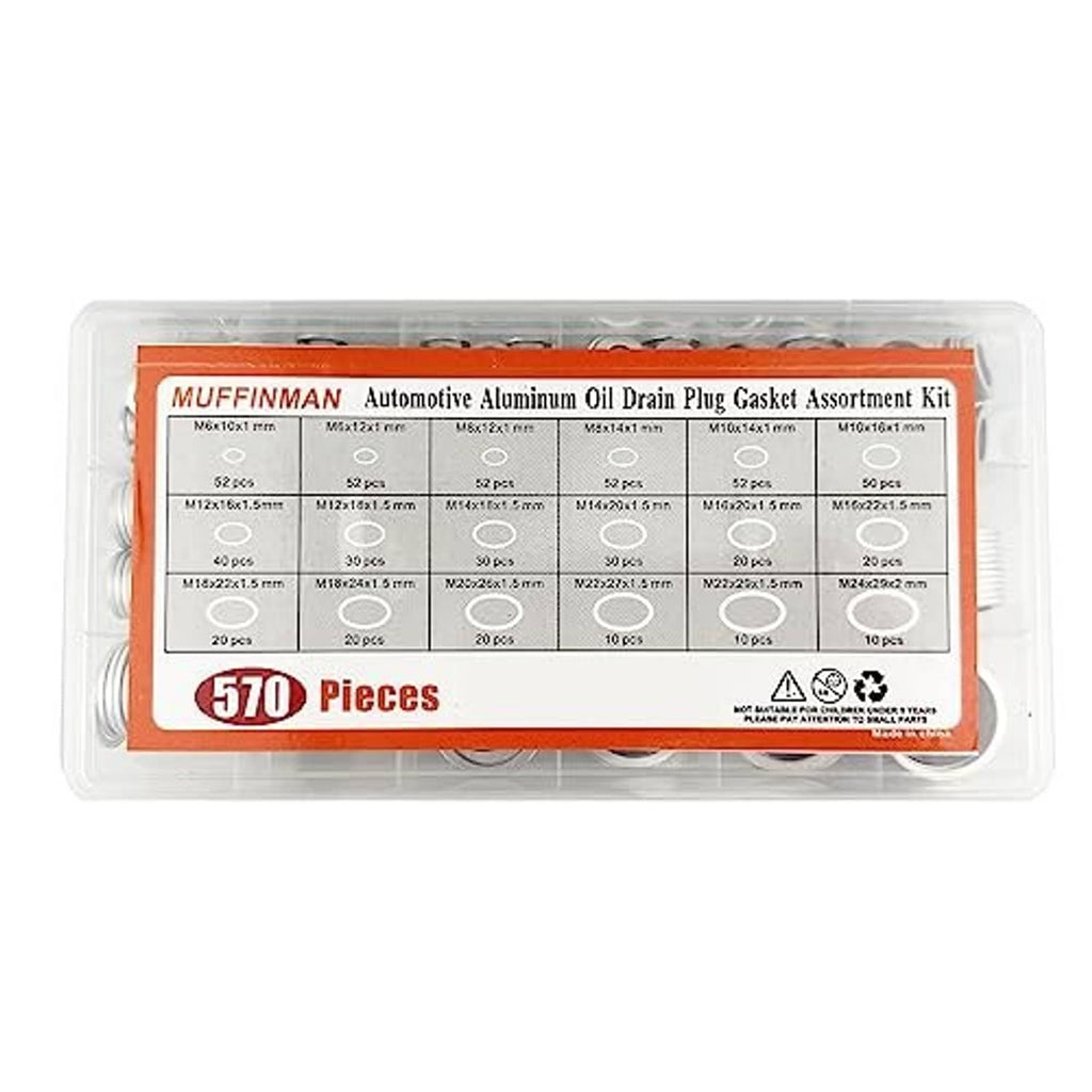 Oil drain plug gasket assortment kit in a clear box with orange label and 570 aluminum washers