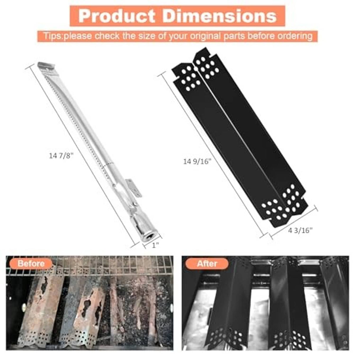 Black porcelain steel grill heat plate with measurement diagram and mounting holes