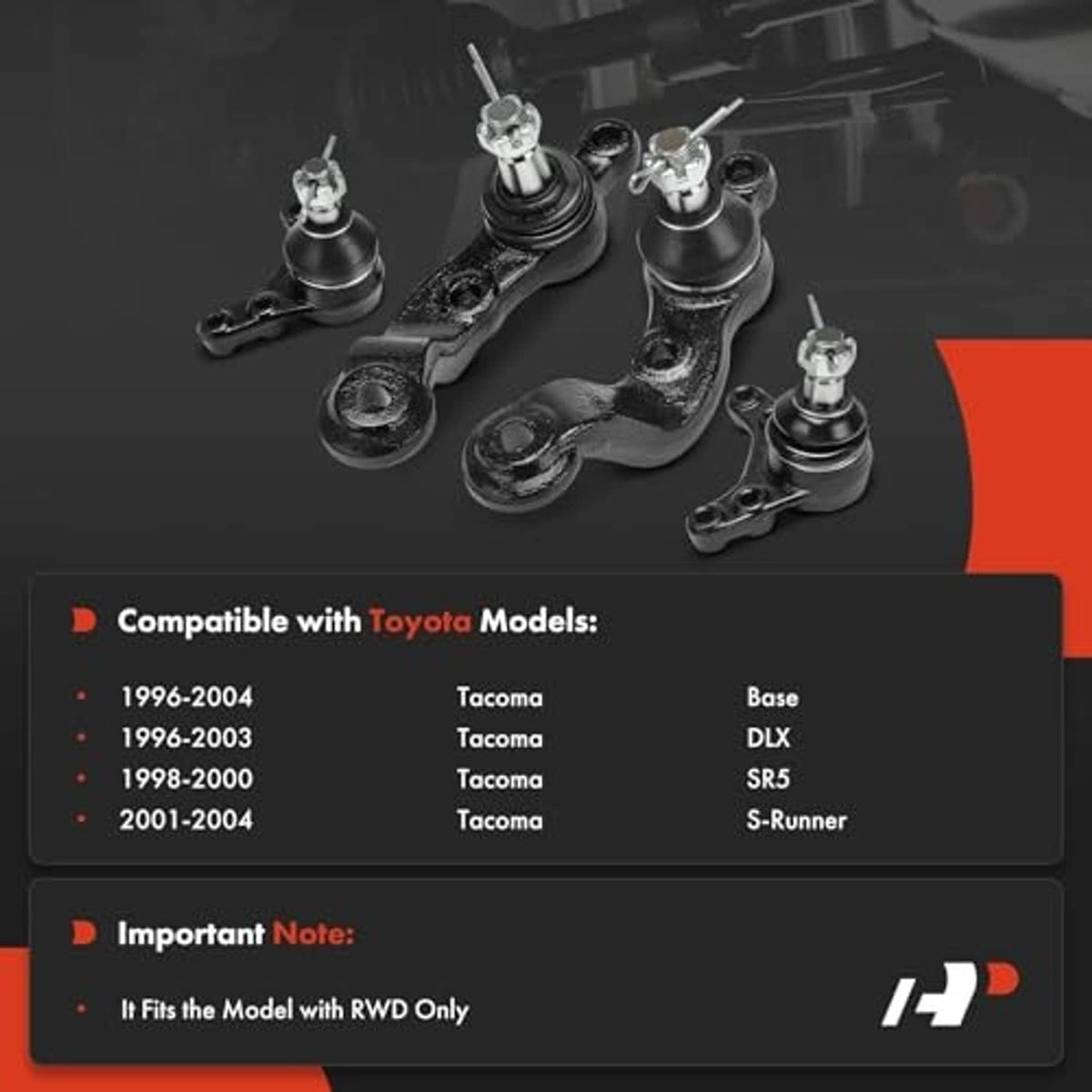 Front upper and lower ball joint kit, four black ball joints with mounting arms
