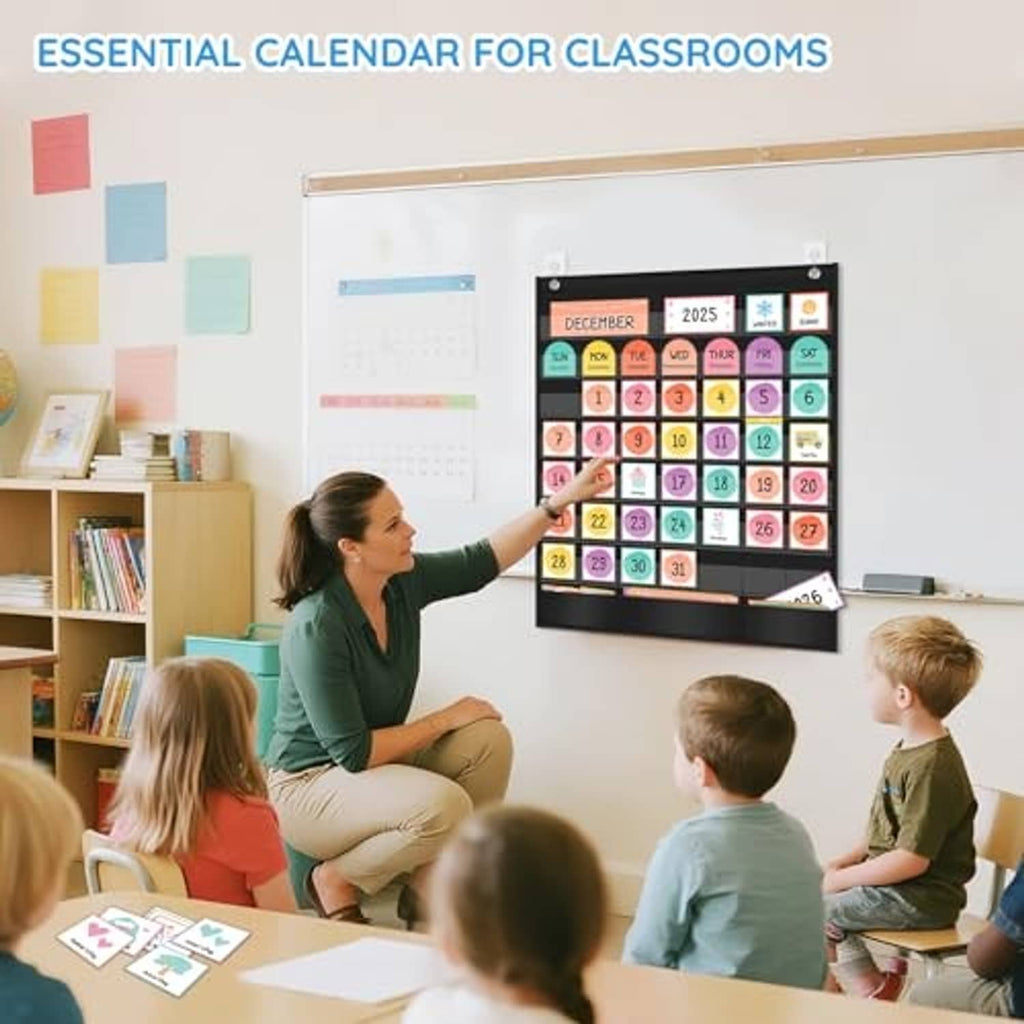 Classroom educational calendar pocket chart with colorful date cards and black frame