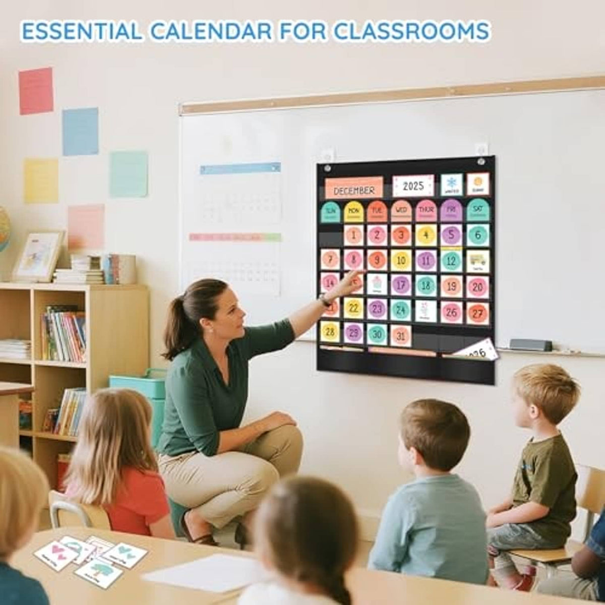 Classroom educational calendar pocket chart with colorful date cards and black frame