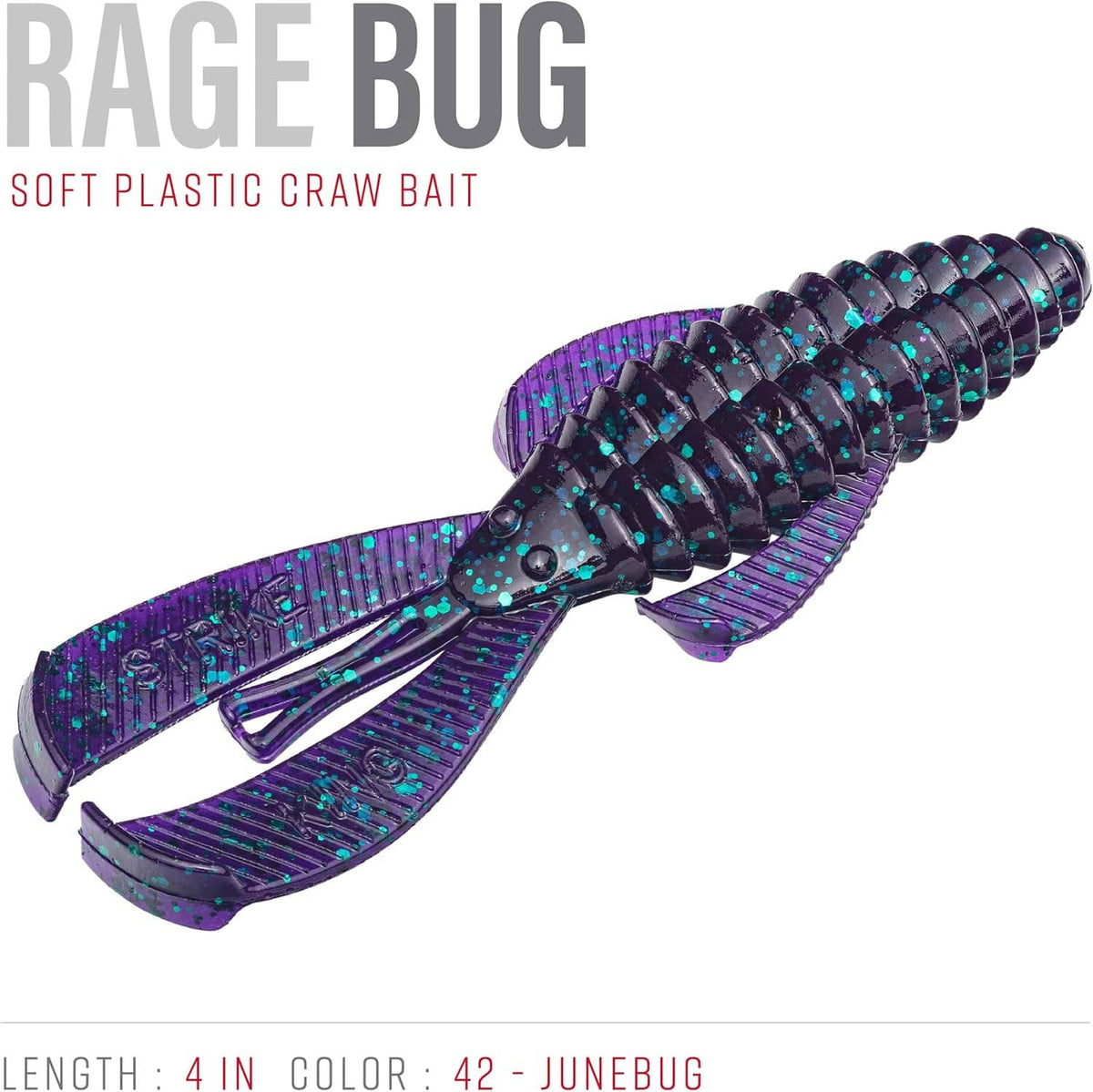 Purple and blue speckled soft plastic craw bait with curled segmented body