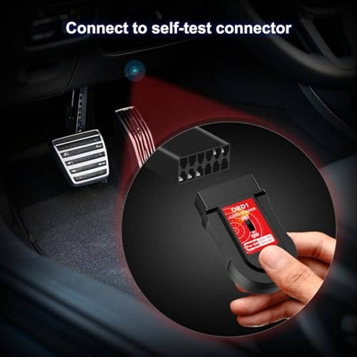 OBD1 code reader scanner with plug connector on black housing and red label