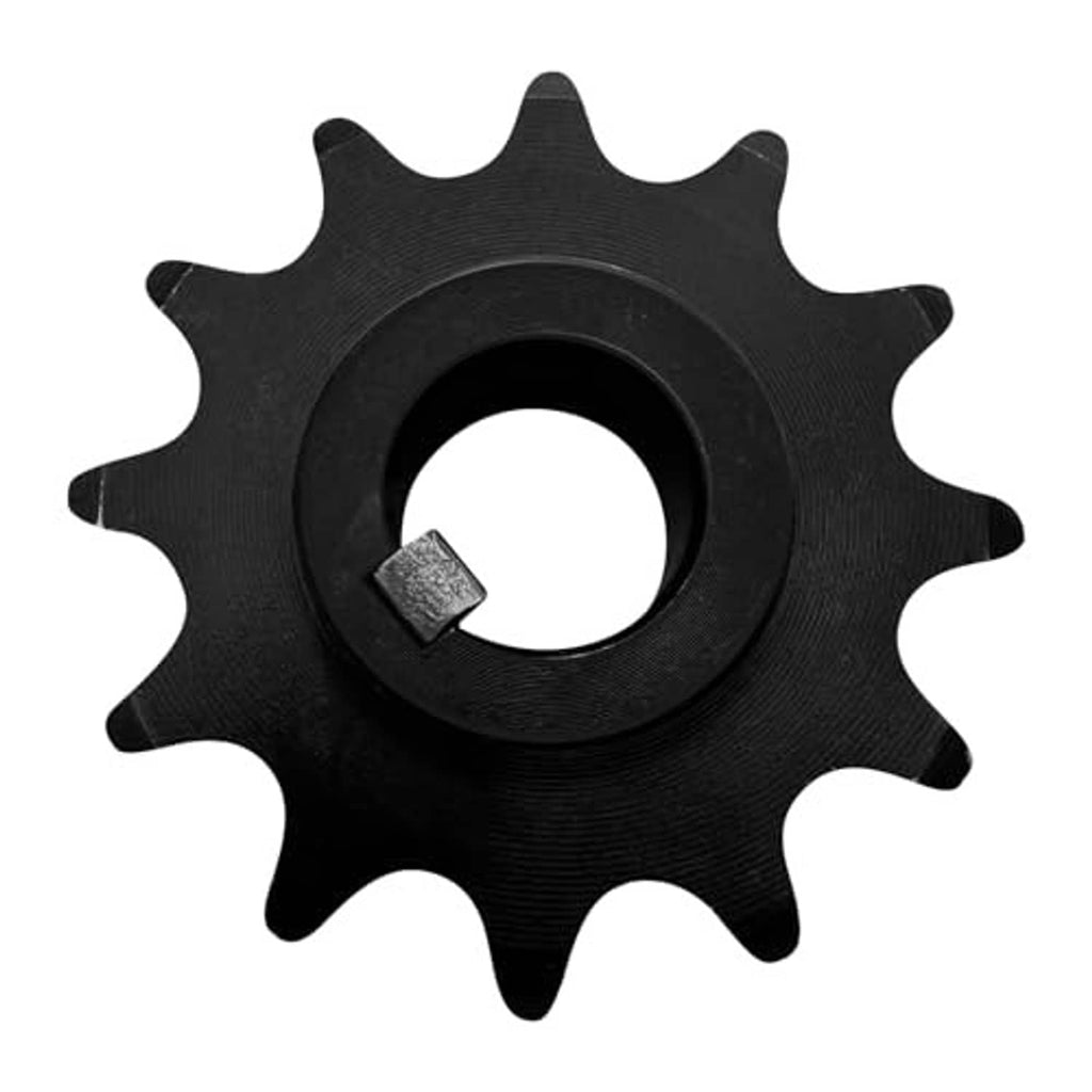 Black 12-tooth sprocket with central bore and visible square key in keyway