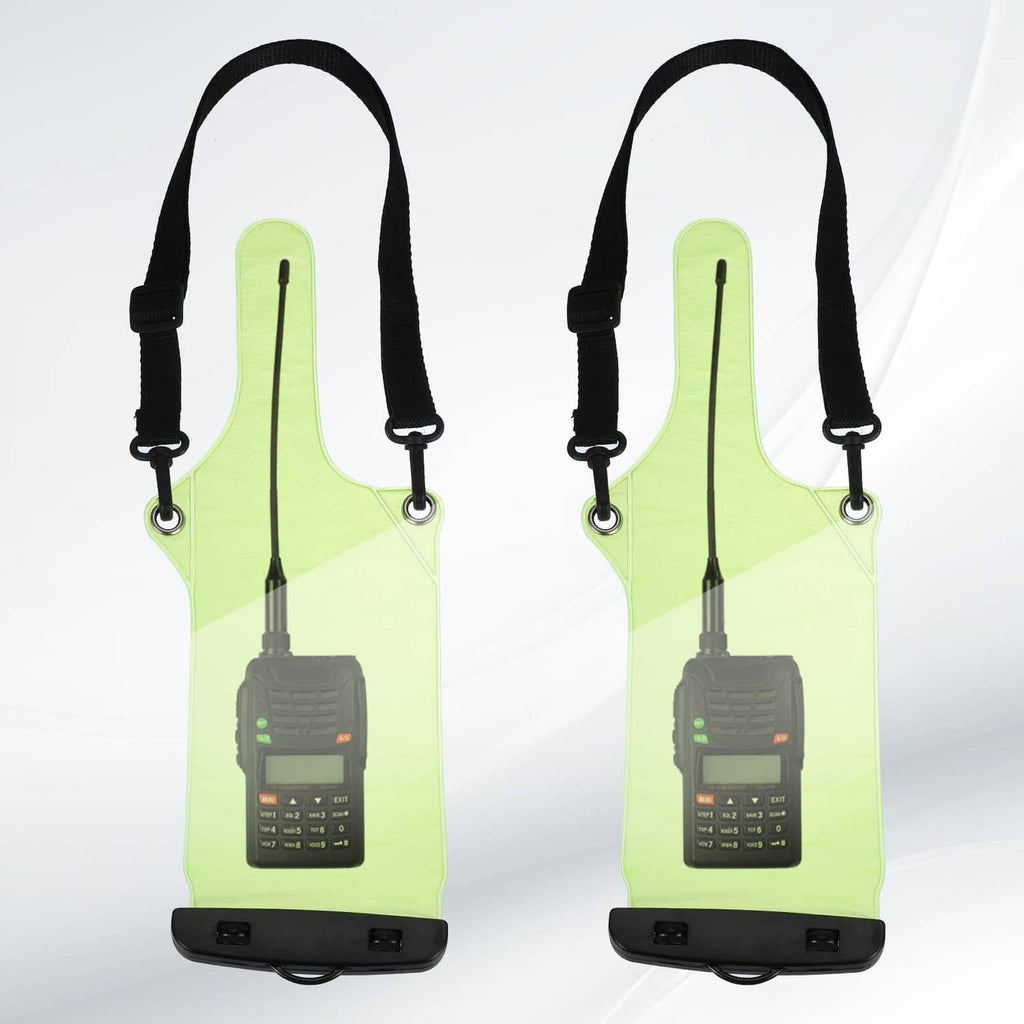 Green waterproof walkie talkie case with black straps holding two-way radio devices