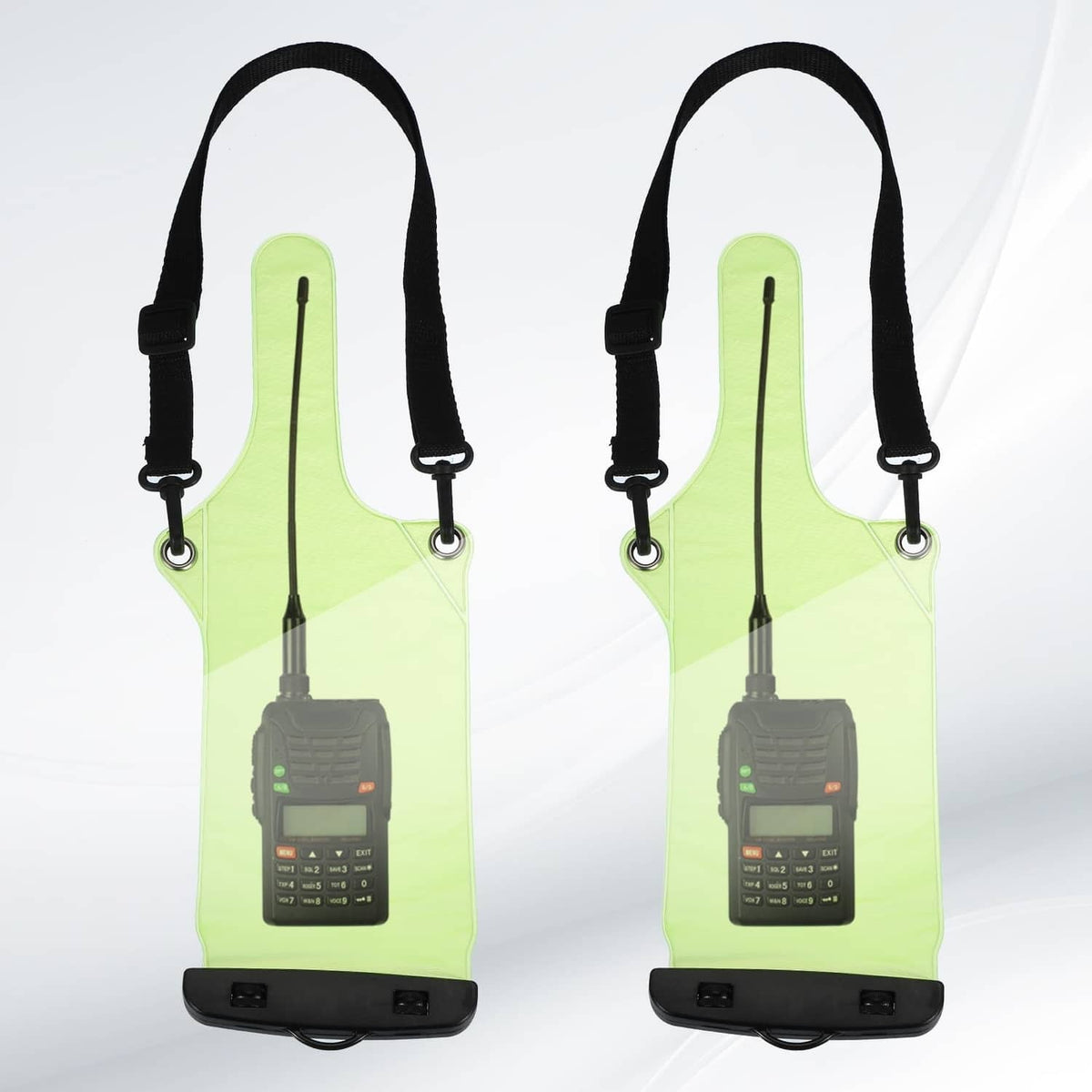 Green waterproof walkie talkie case with black straps holding two-way radio devices