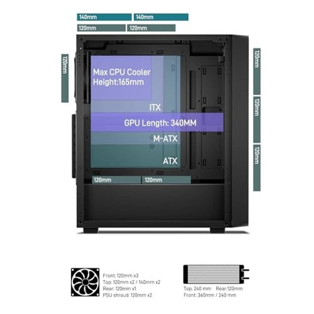 Black ATX mid-tower PC case layout showing GPU and CPU cooler clearance
