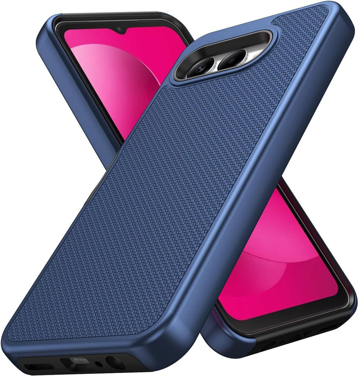 Blue rugged dual-layer phone case with textured grip and camera module cutout