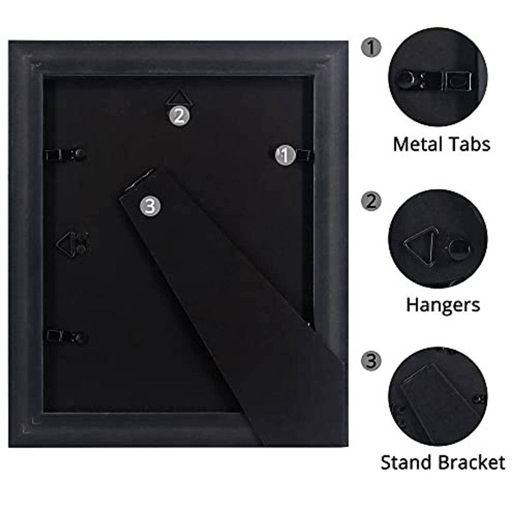 Dark brown picture frame back panel with metal tabs, hangers, and stand bracket