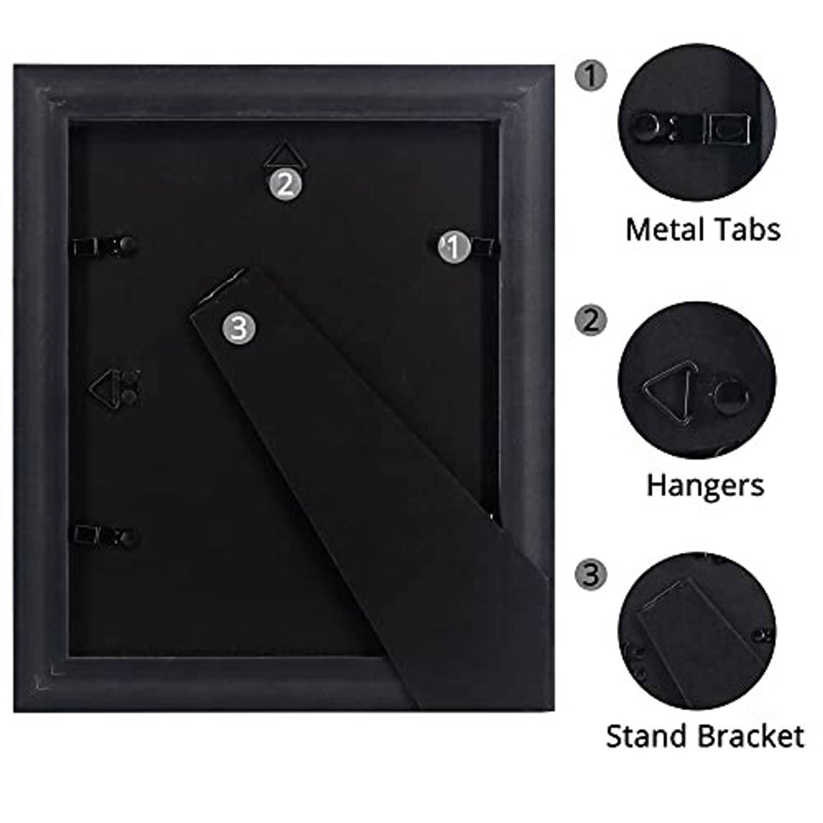 Dark brown picture frame back panel with metal tabs, hangers, and stand bracket