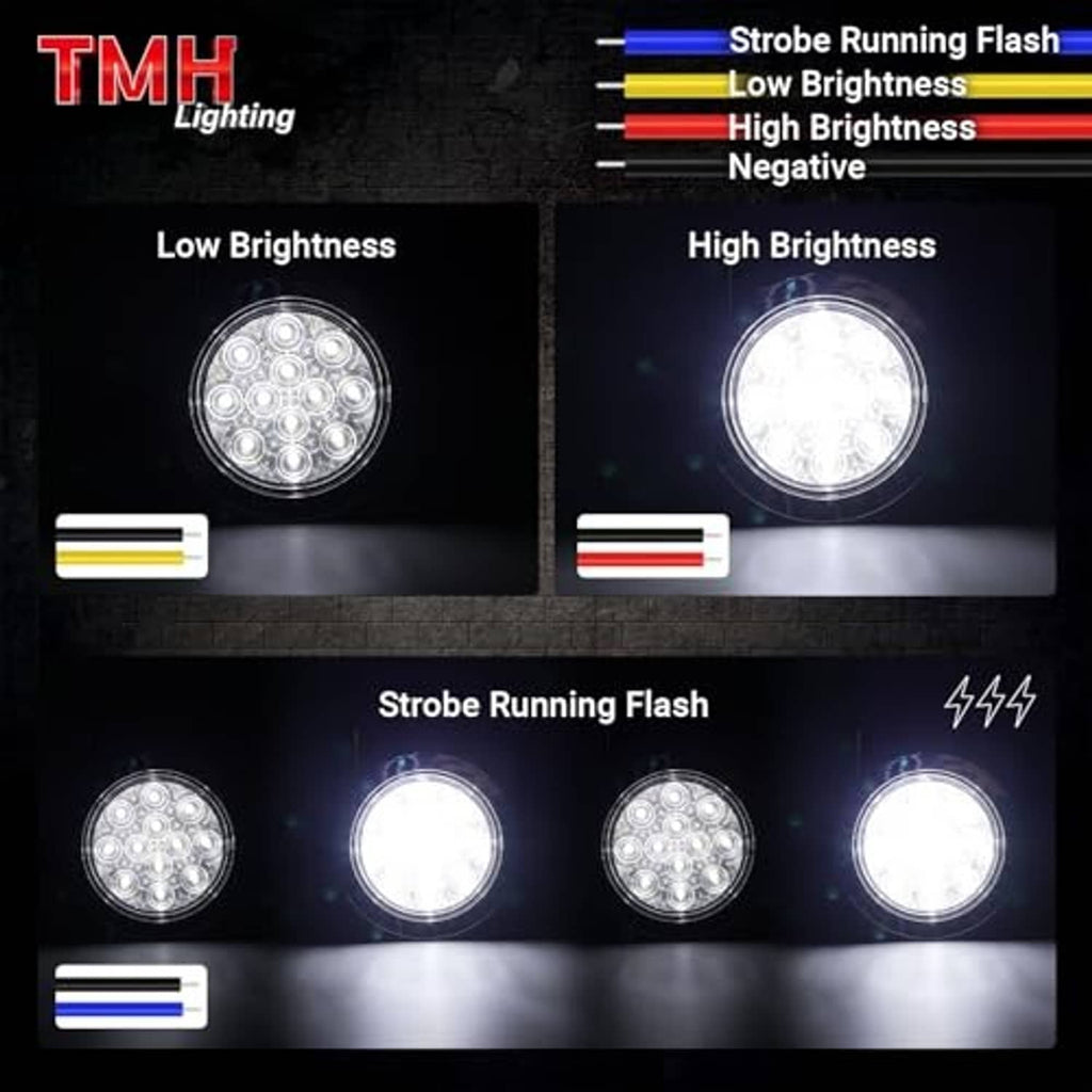 White LED strobe tail lights showing low brightness and high brightness flashing modes.