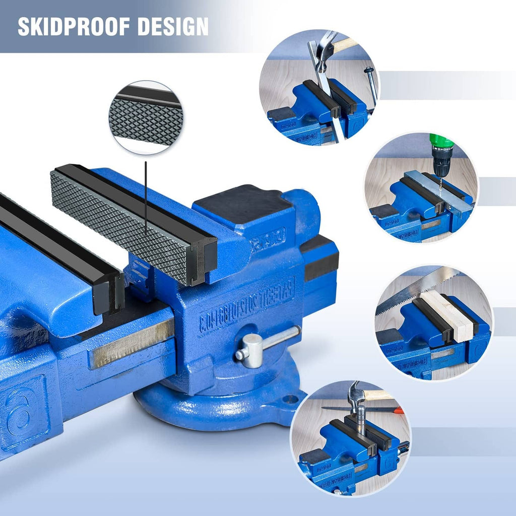 Soft vice jaw pads on blue vise with textured anti-slip grip pads, close-up view