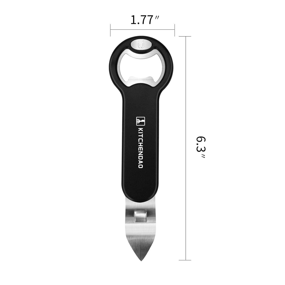 Bottle and can opener with black handle, silver blade, and bottle-cap loop top