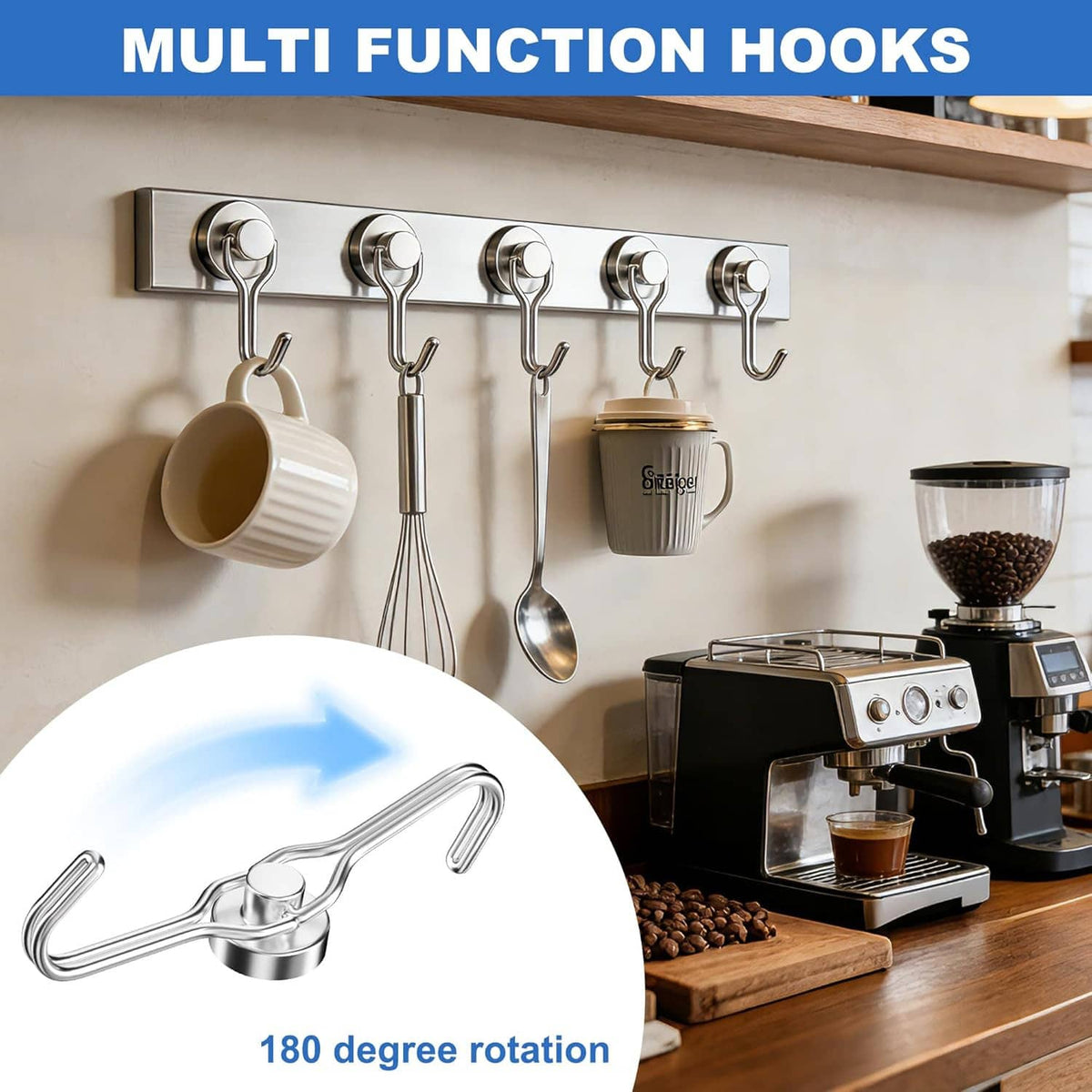 Set of silver magnetic hooks on a bar, holding kitchen utensils and mugs