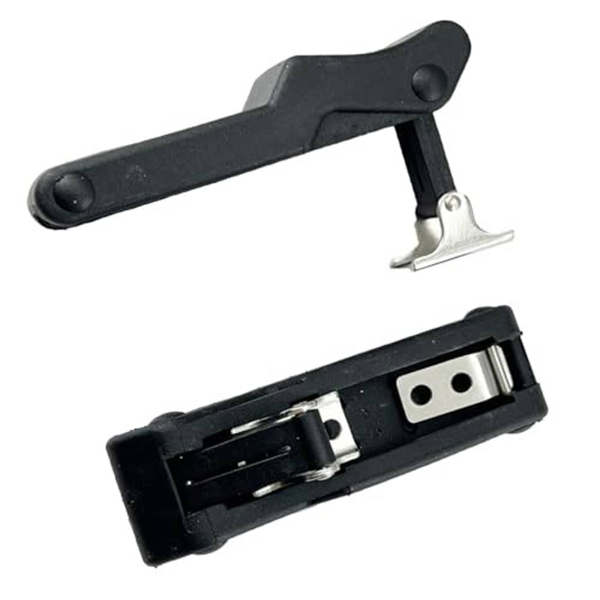 Black storage rack latch with exposed underside metal clip and slot