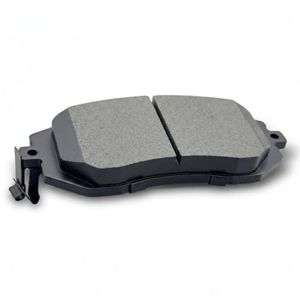 Gray ceramic brake pad with central groove and metal mounting clips