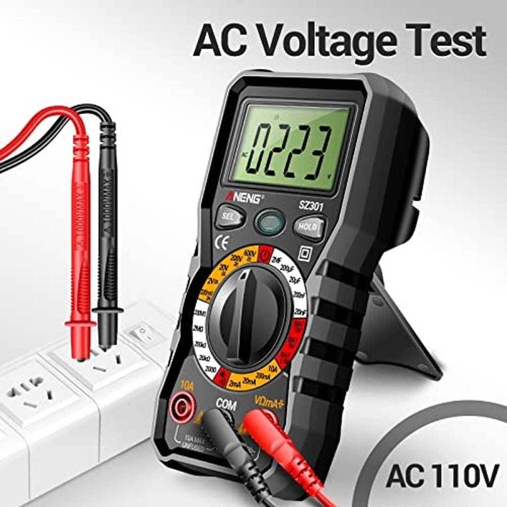 Black digital multimeter with red and black leads connected to an AC outlet