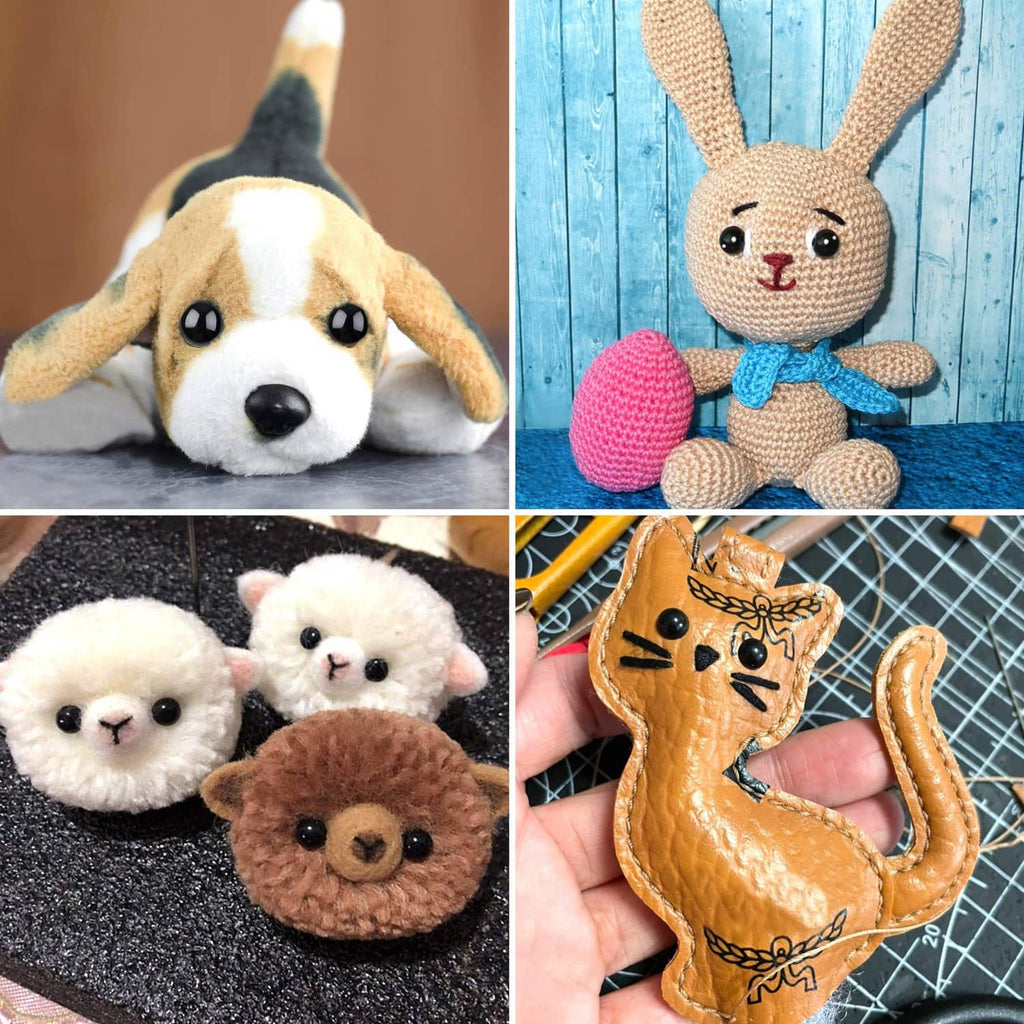 Plastic safety eyes on stuffed animal faces with matching black back fasteners