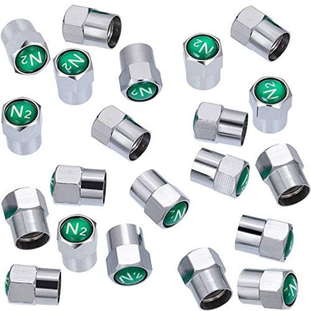 Assorted silver metal tire valve stem caps with green N and N2 inserts