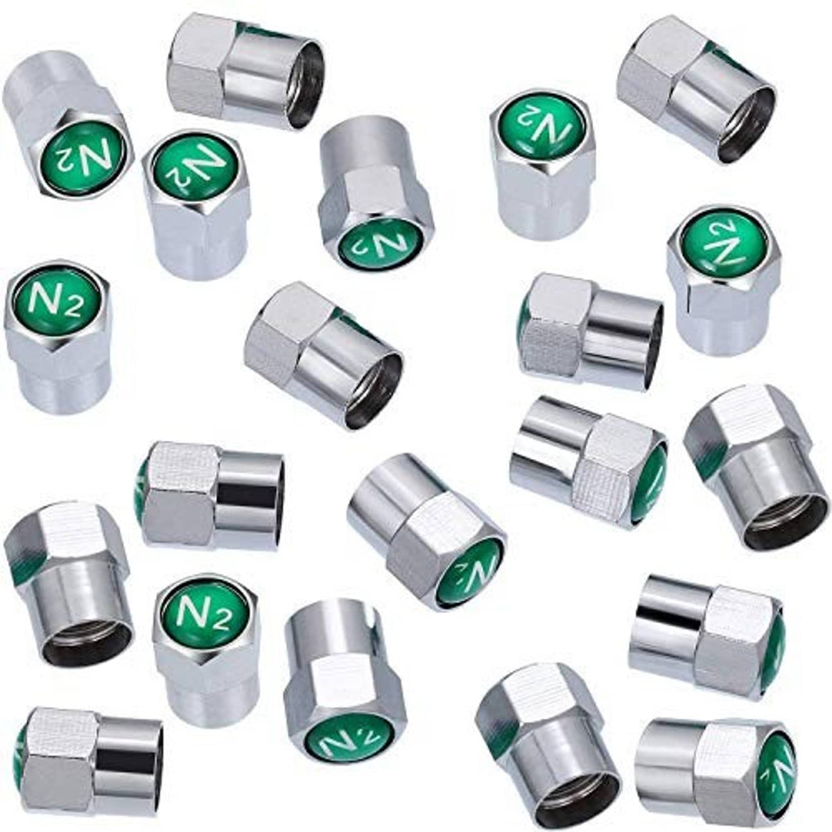 Assorted silver metal tire valve stem caps with green N and N2 inserts