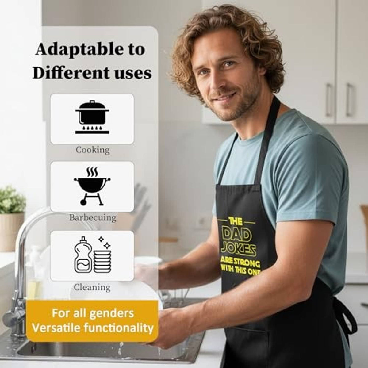 Man wearing black adjustable kitchen apron with front pocket and utensil graphic