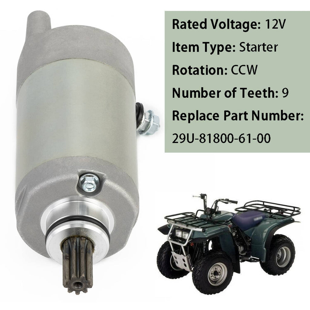 ATV starter motor with toothed drive shaft and mounting bolts on silver housing
