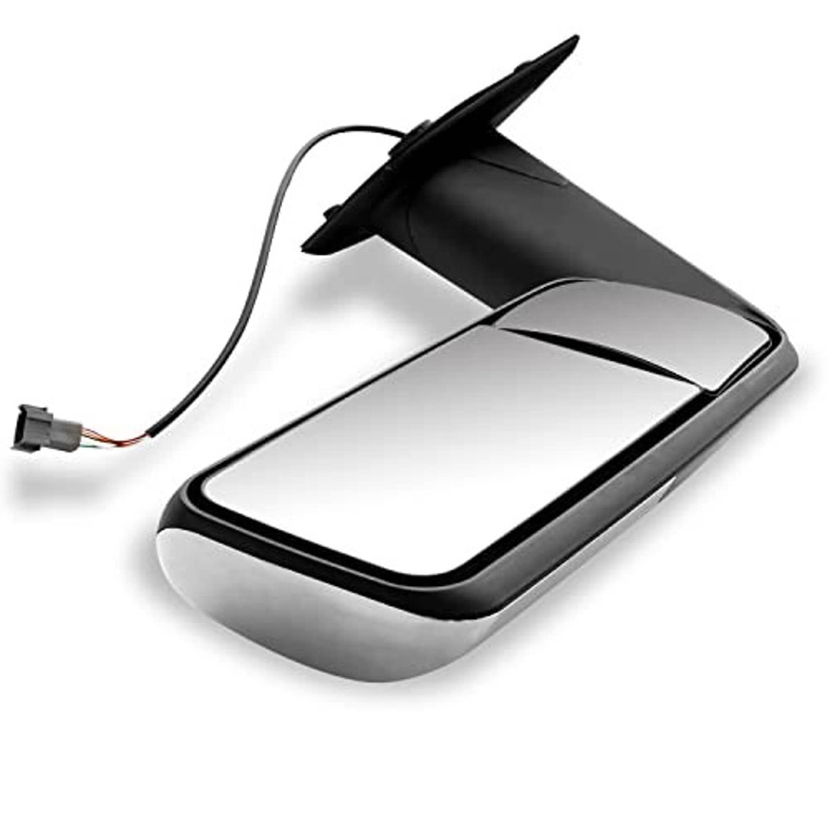 Left side mirror with glossy black trim, silver reflective lens, and wiring lead