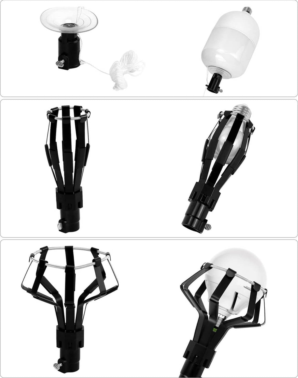 Black light bulb changer tripod tool with suction cup, shown from multiple angles