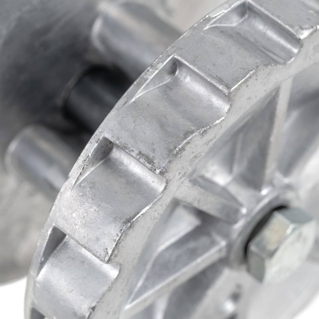 Close-up of steel cable puller frame with machined ridges