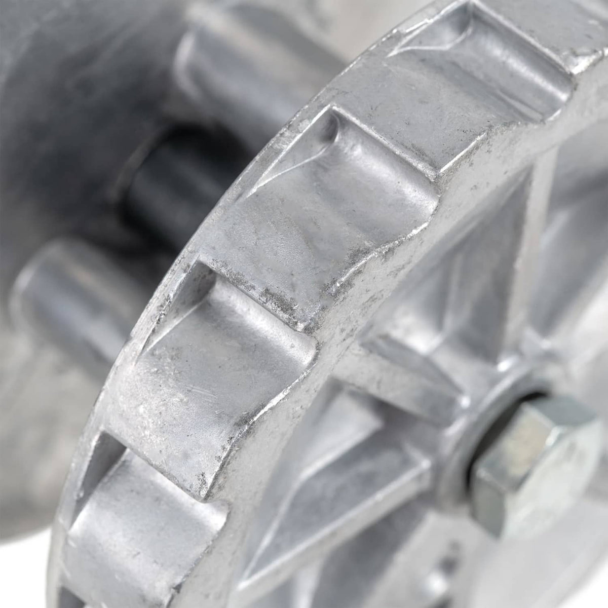 Close-up of steel cable puller frame with machined ridges