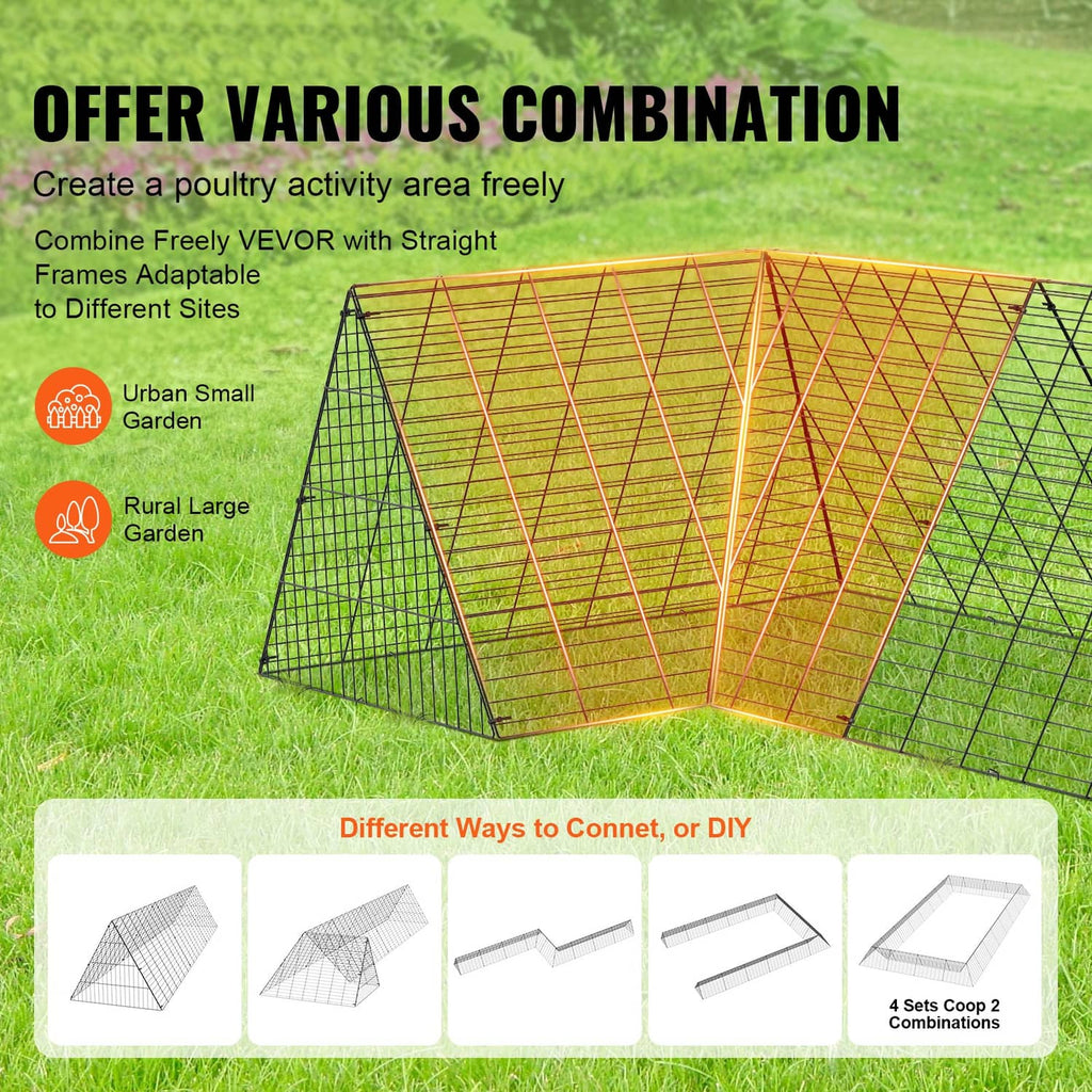 Modular chicken tunnel panels with wire mesh and corner frames on outdoor grass