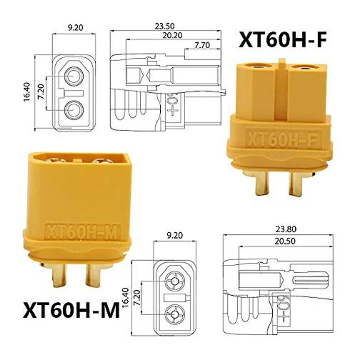 XT60H-style connector size diagram with male and female views