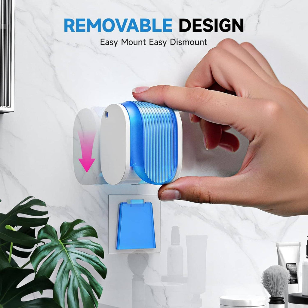 Blue wall-mounted toothbrush holder with removable cover, shown being pushed by hand