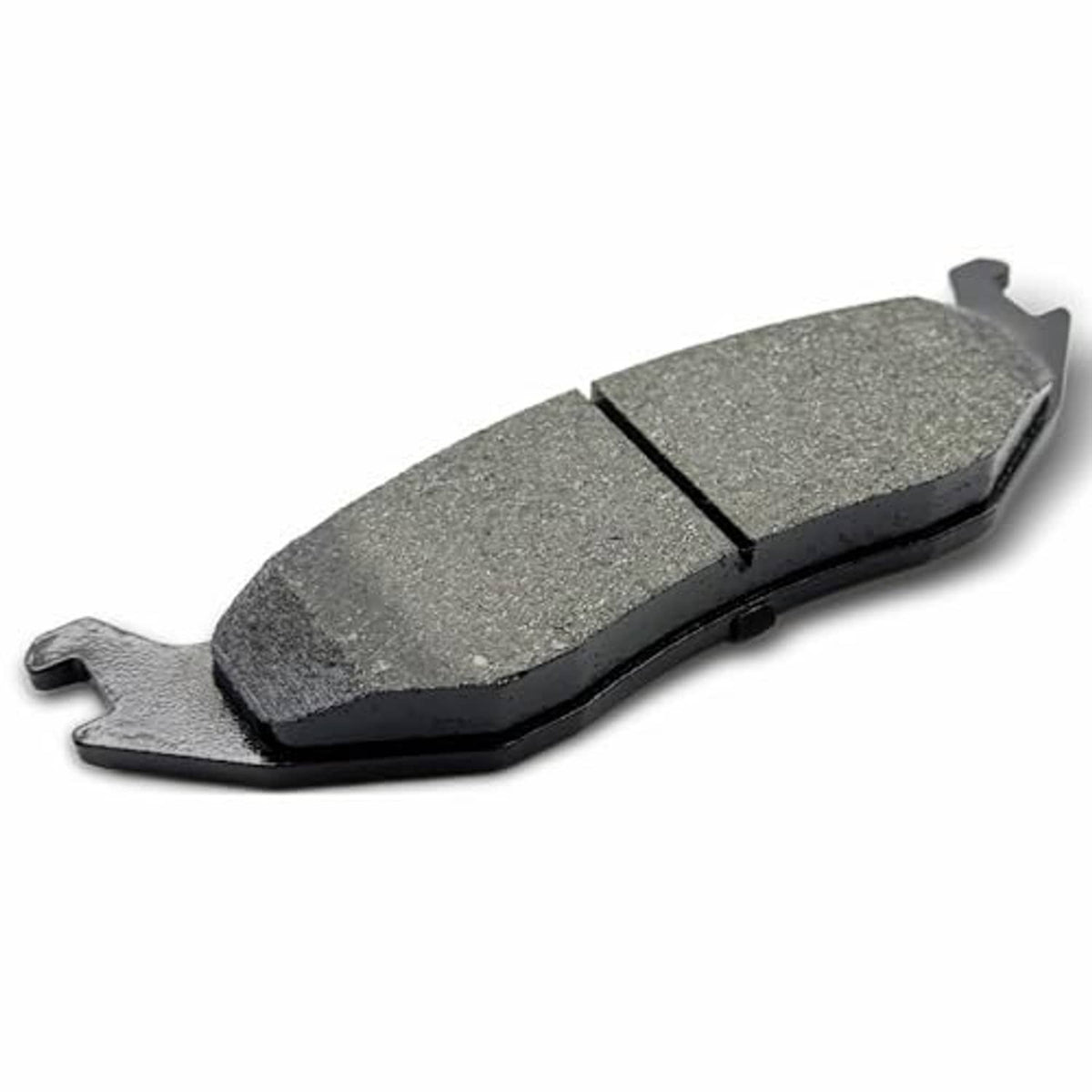 Ceramic brake pad, grey friction surface with center seam and metal mounting clips