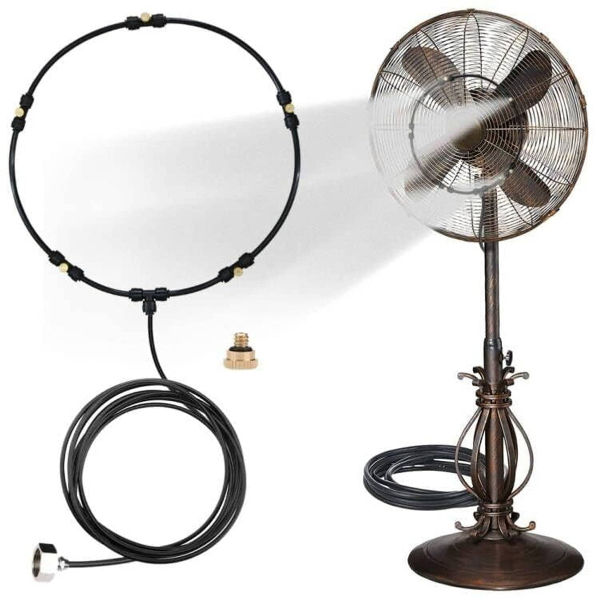 Pedestal misting fan kit with circular mist ring, brass nozzle, and coiled black tubing