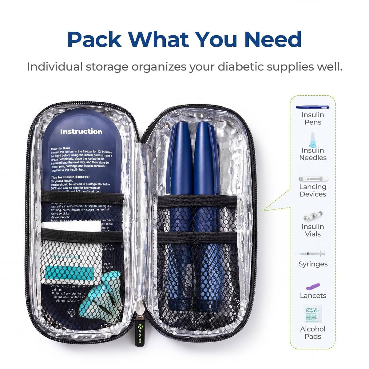 Insulin cooler travel case open with compartments holding blue insulin supplies