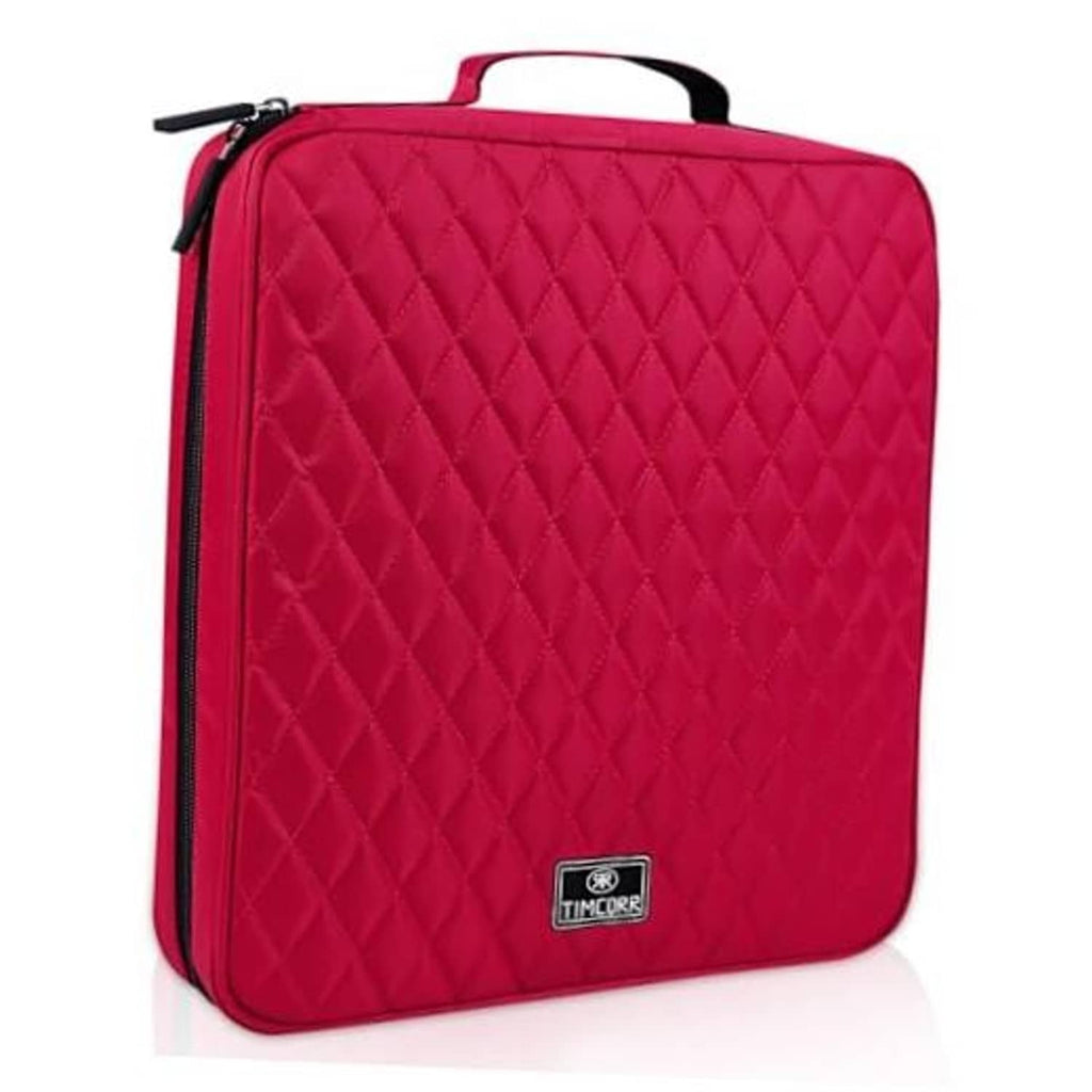 Red padded CD storage case with handle and zip closure, quilted front panel