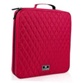 Red padded CD storage case with handle and zip closure, quilted front panel