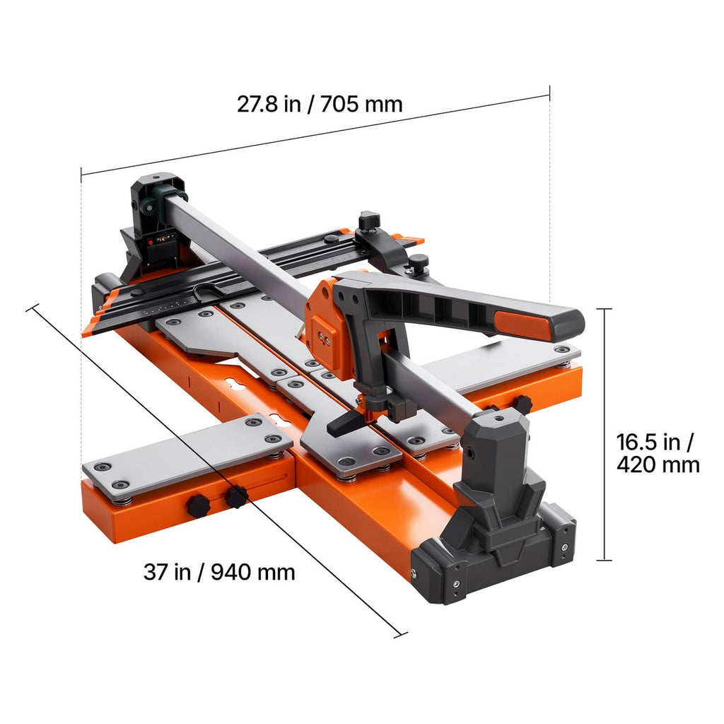 Manual tile cutter showing long rail frame, cutting base, and scoring head, with measurements