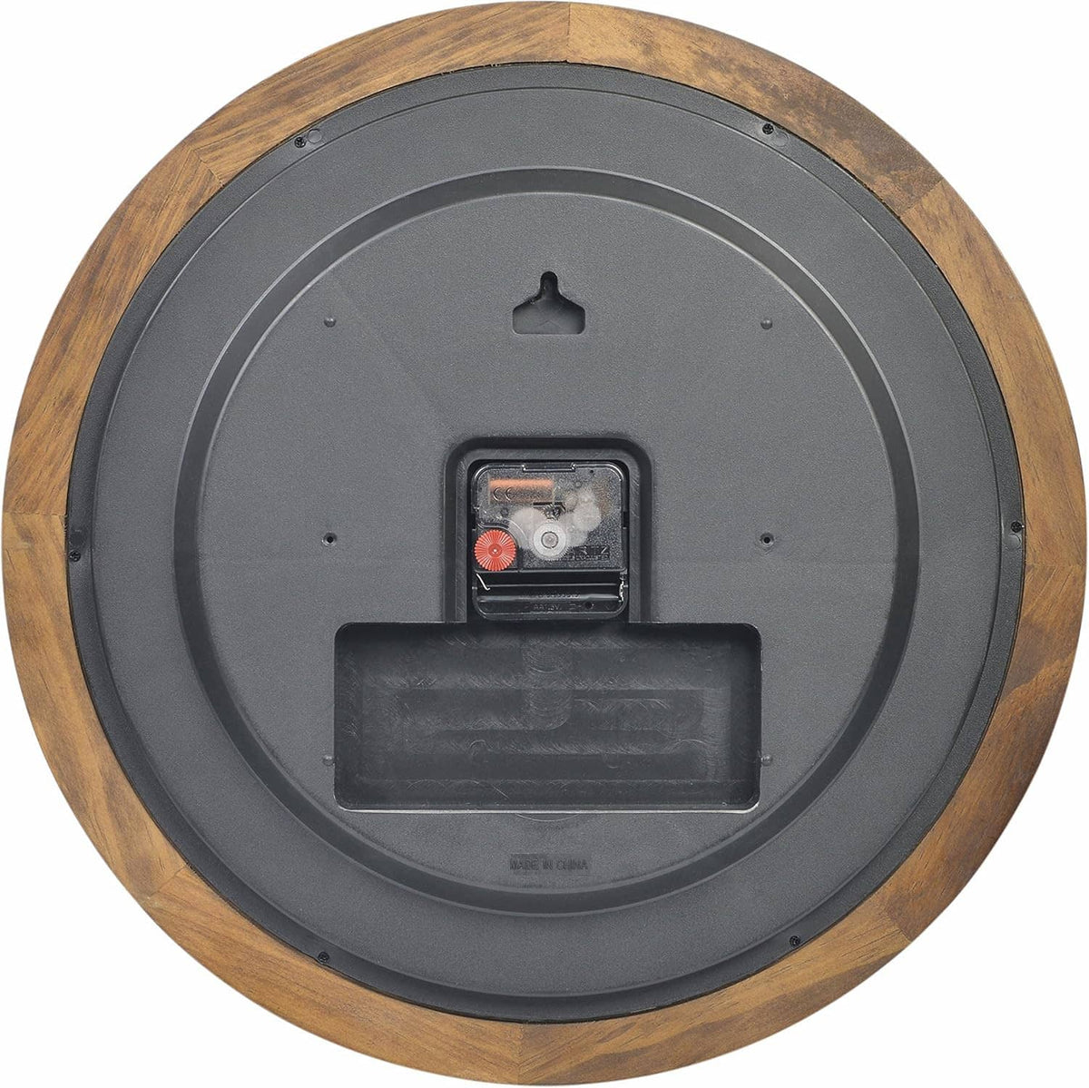 Back of wood wall clock with mounting cover and clock mechanism