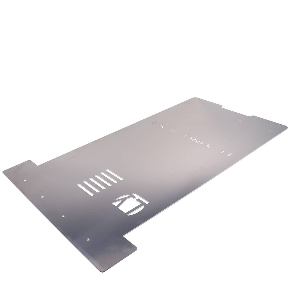 Catalytic converter heat shield plate with vent slots and stamped logo details