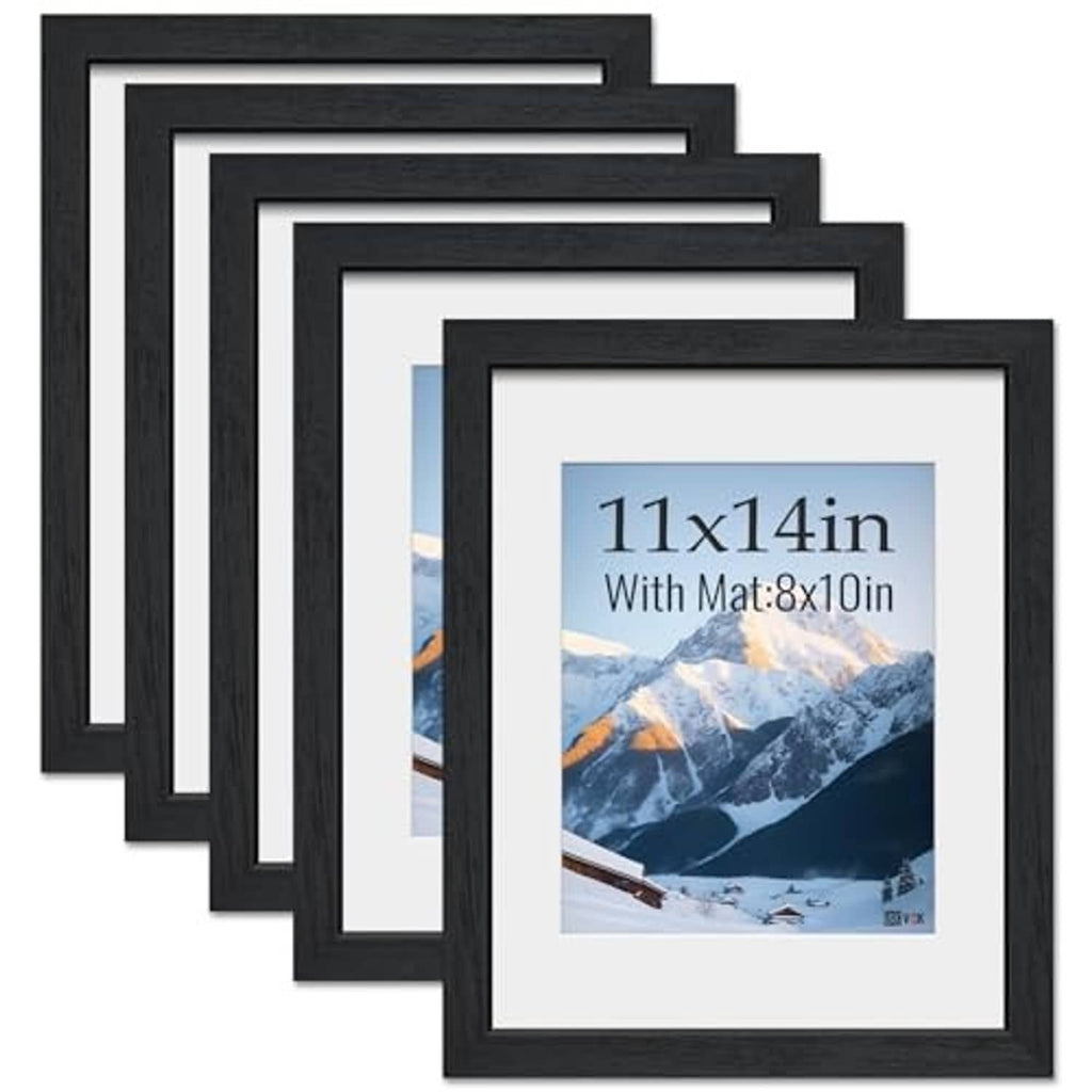 Black 5-pack 11x14 wood picture frames with white mat and tempered glass