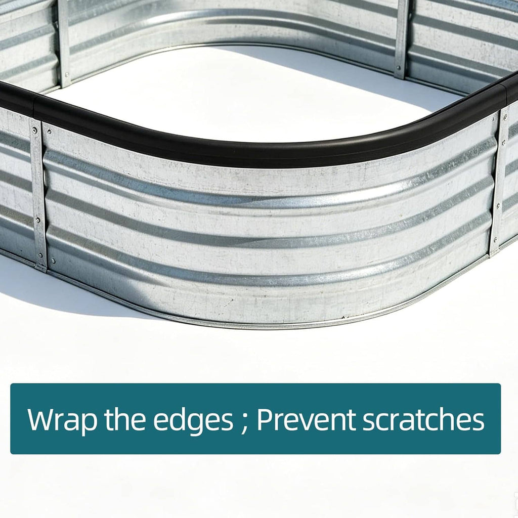 Black U-channel edge trim on a curved metal edge, hollow channel protective seal