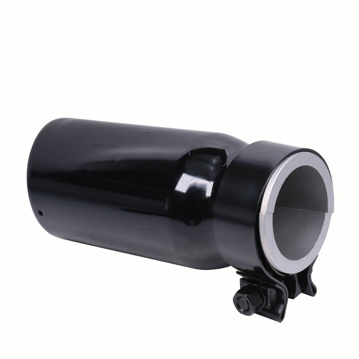 Black exhaust tip with silver-edged outlet and side mounting bracket, angled view