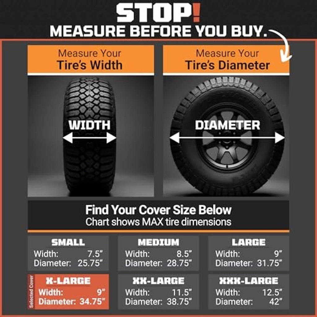 Tire cover sizing chart showing tire width and diameter for small through X-Large