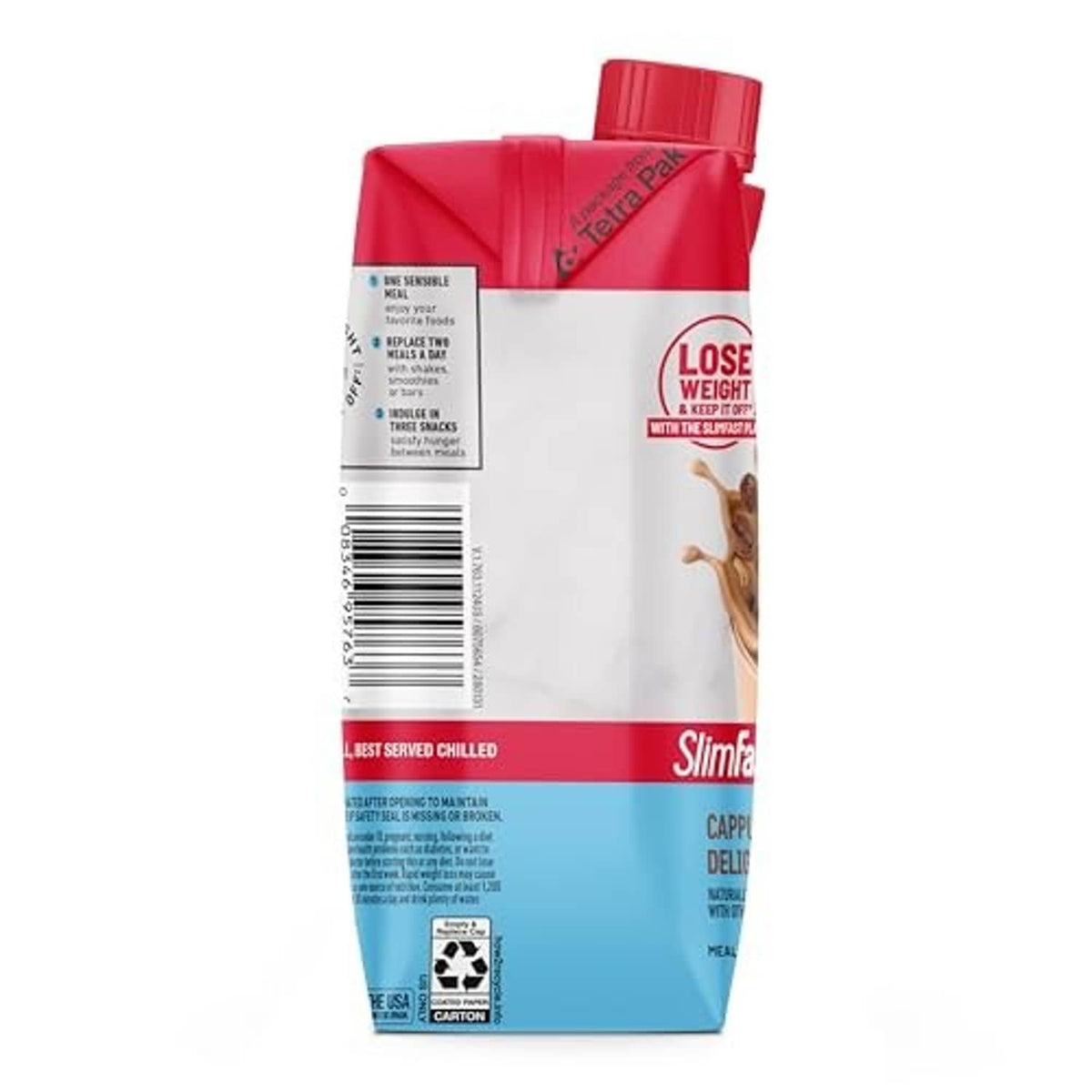 SlimFast original cappuccino meal replacement shake carton side panel, red cap and blue base