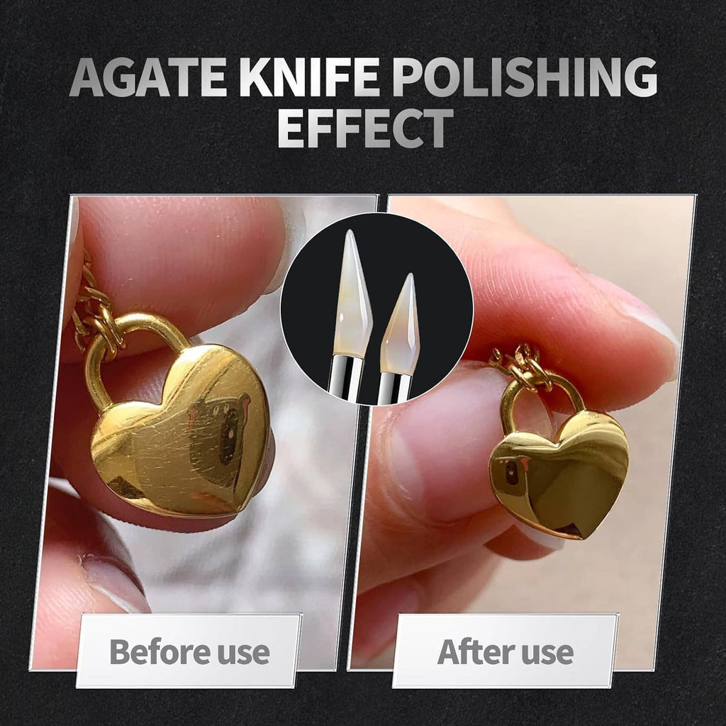 Agate knife polishing tool shown polishing jewelry pieces, pointed gemstone tip