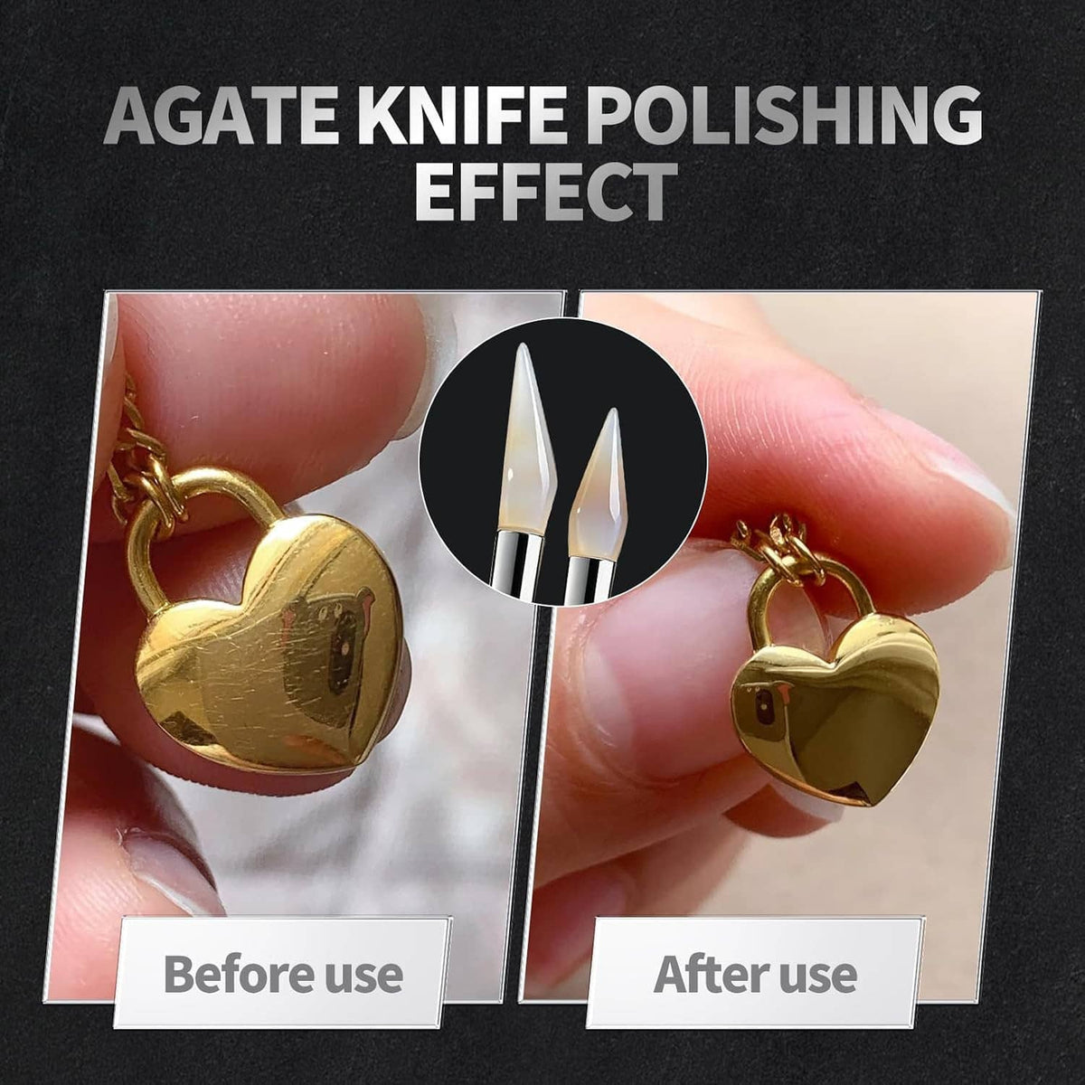 Agate knife polishing tool shown polishing jewelry pieces, pointed gemstone tip
