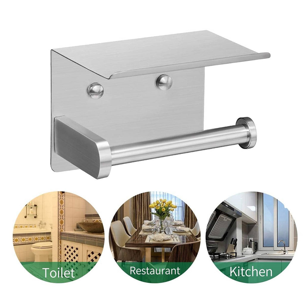 Stainless silver toilet paper holder with phone shelf and roller bar for bathroom use