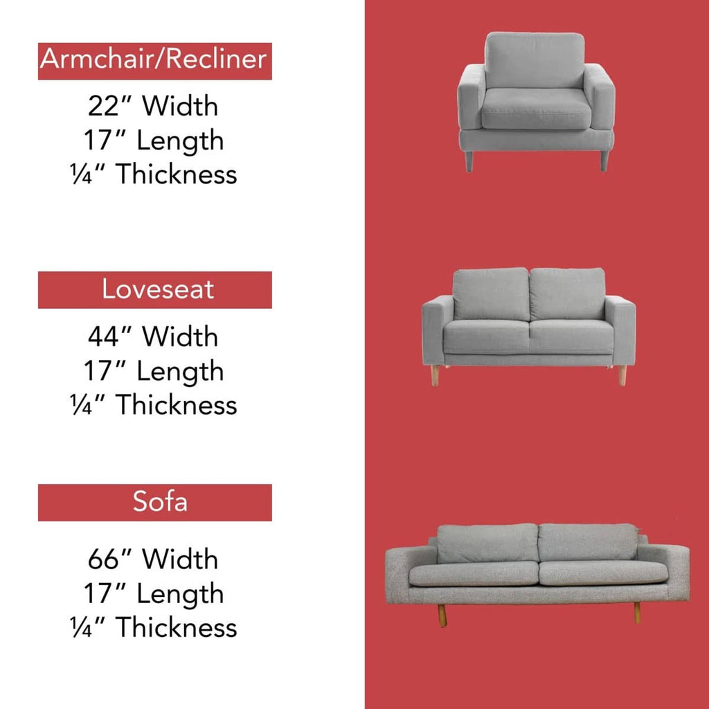 Cushion support insert size guide with armchair, loveseat, and sofa outline shapes